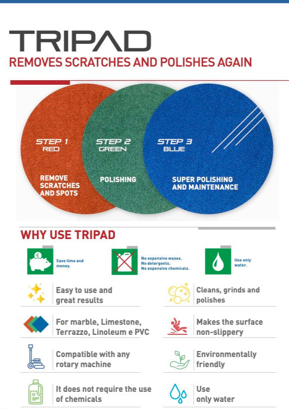 Klindex Tripad 3-Step stone floor polishing & restoration pads for Marble, Terrazzo & Concrete