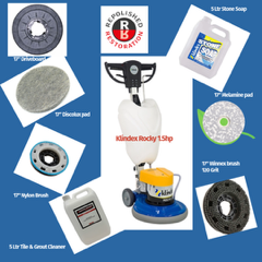 Klindex Rocky rotary floor cleaning machine complete professional starter kit with brush, drive board, water tank, cleaning chemicals and pads